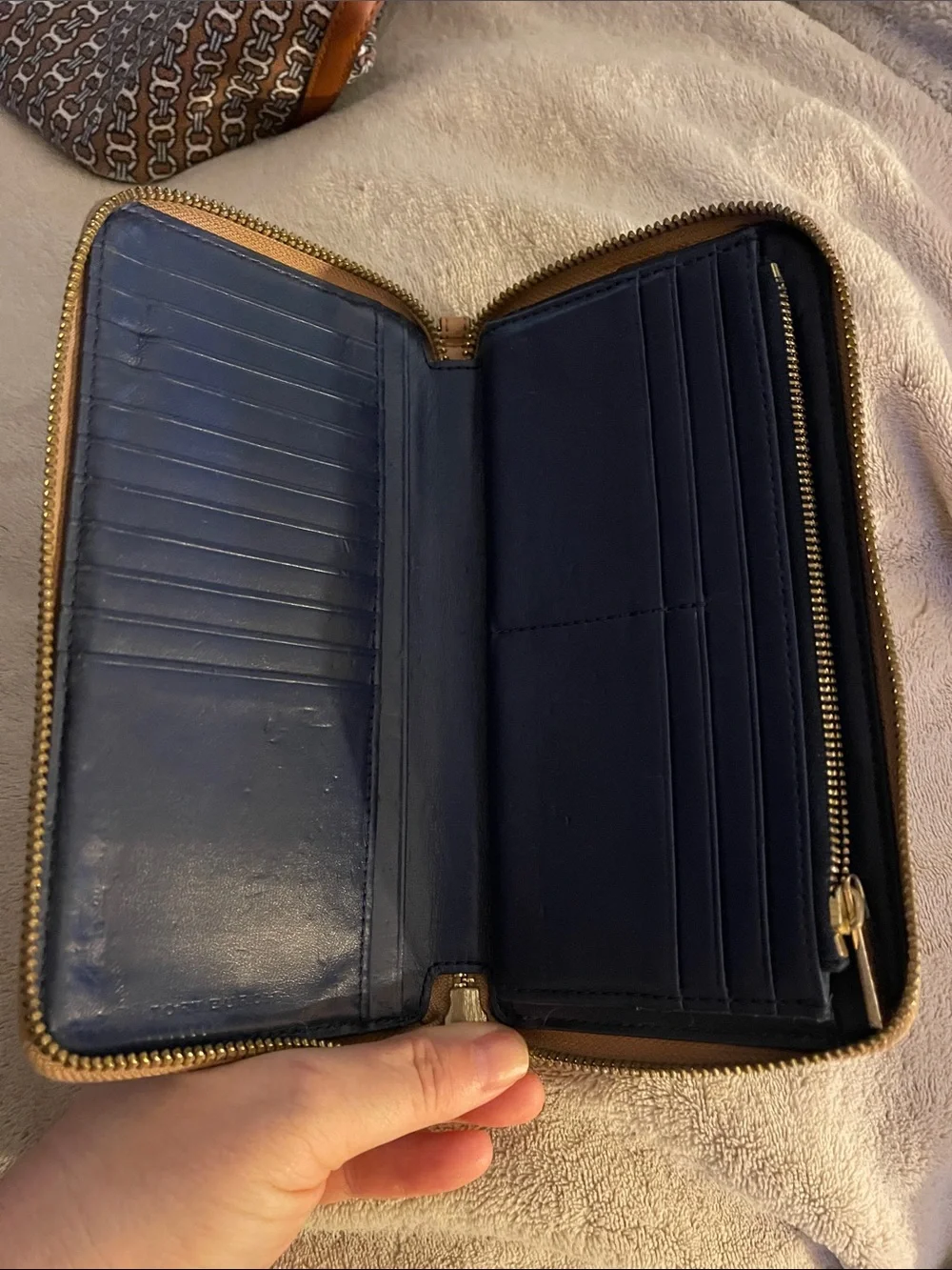 Tory Burch Camel/Tan Leather Zip Wallet with Gold Logo